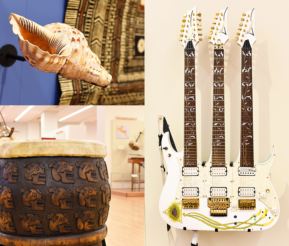 Guide to visiting the MIM (Musical Instrument Museum) in Scottsdale, Arizona: conch shell, triple-necked guitar, and Peruvian drum